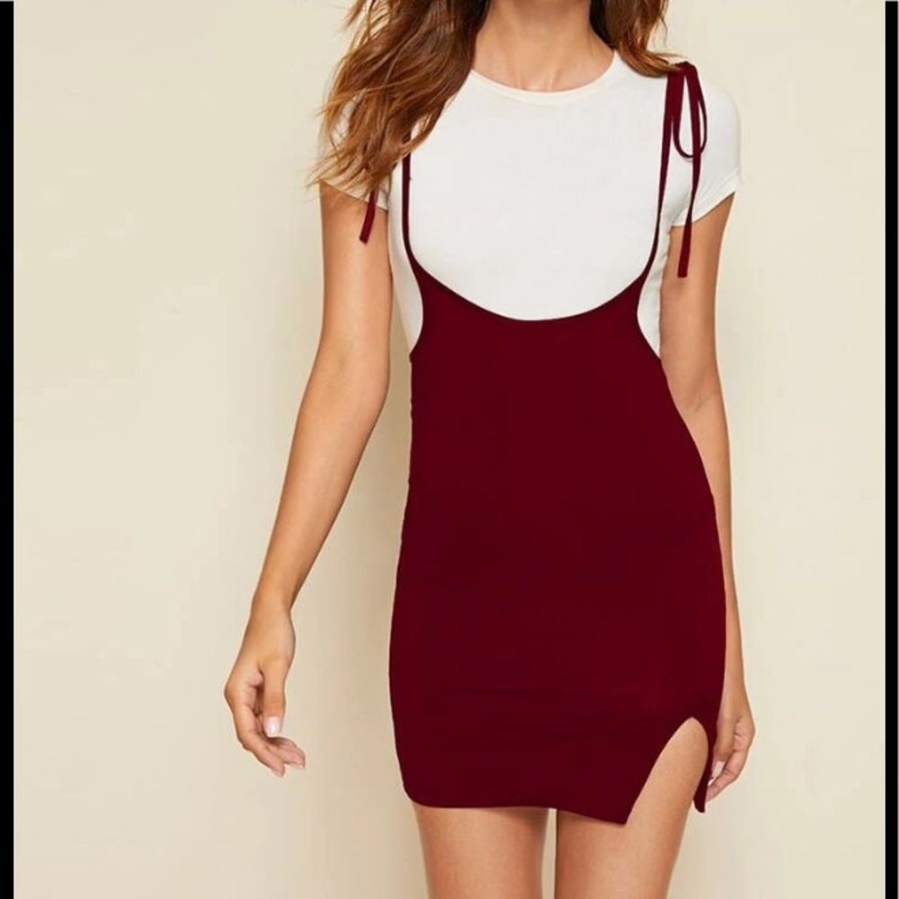 Pinafore Burgundy Split Hem High Waist Pencil Style Bodycon Slip Dress